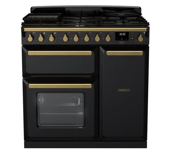 Завантажте зображення в засіб перегляду галереї, Rangemaster Estel Deluxe 90 | Dual Fuel | Gloss Black | Antique Brass Trim | ESDL90DFPGBL/AB1
