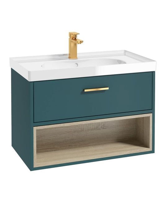 ocean blue wall hung vanity unit with an open shelf and a single drawer, golden tap and handle, white gloss basin