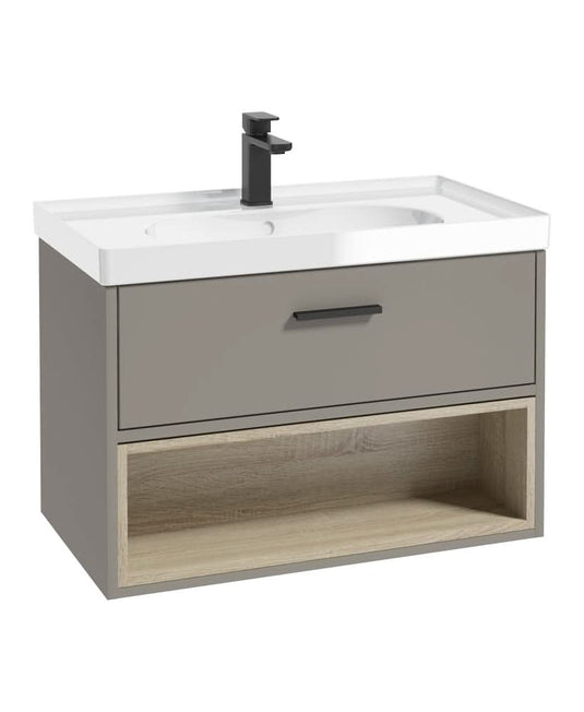 khaki wall hung vanity unit with a single drawer and an open shelf, black handle and tap, white gloss basin