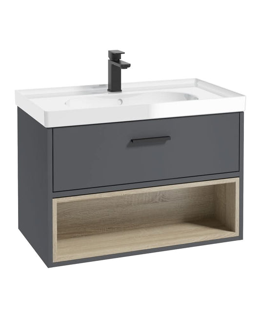 midnight grey wall hung vanity unit with a single drawer and an open shelf, black handle and tap, white gloss basin