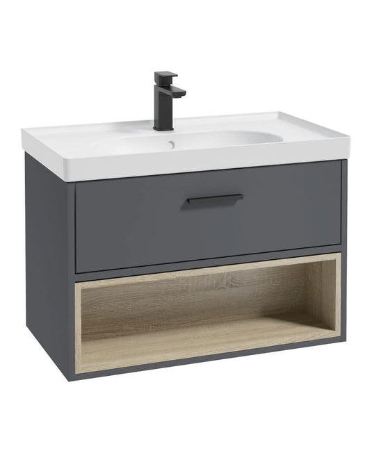 wall hung vanity unit with single drawer in midnight grey, black tap and handle and white basin