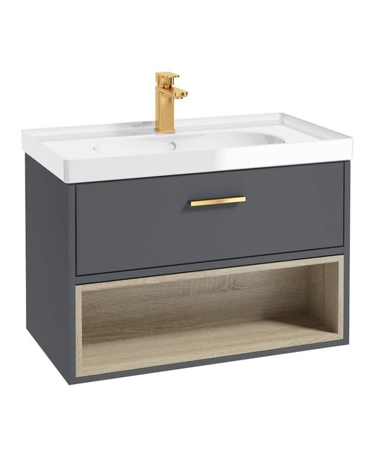 midnight grey wall hung vanity unit with a single drawer and an open shelf, golden tap and handle and white gloss basin