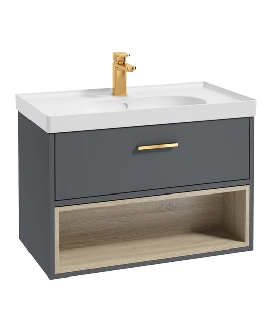 midnight grey wall hung vanity unit with a single drawer and an open shelf, golden handle and tap and white matt basin