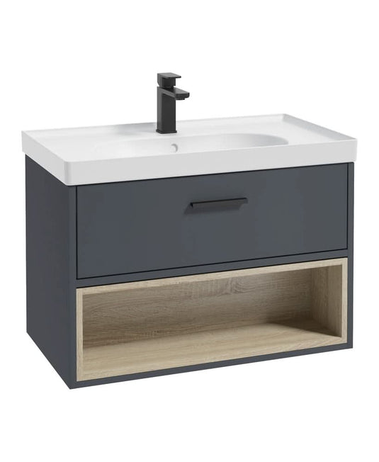 matt night sky blue wall hung vanity unit with single drawer and an open shelf, black handle and tap and white matt basin
