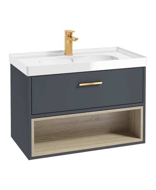 matt night sky blue wall hung vanity unit with a single drawer and an open shelf, golden handle and tap, white gloss basin