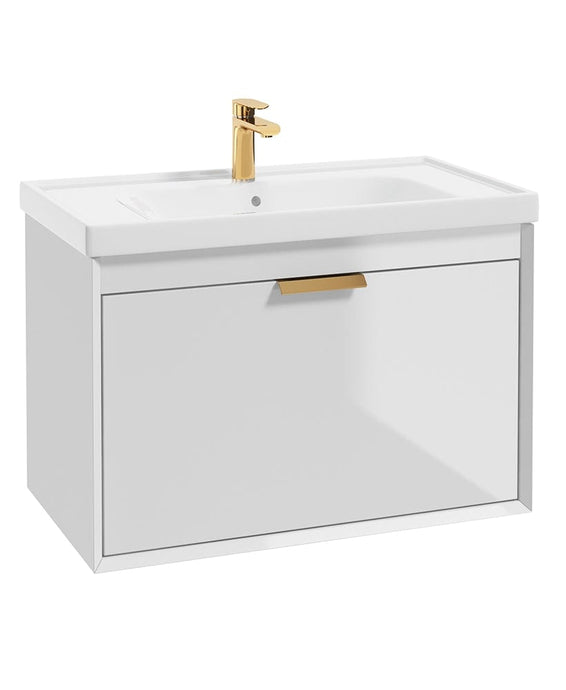 Sonas Fjord Gloss White  80Cm Wall Hung Vanity Unit-Brushed Gold Handle | GFJ80WH