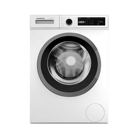 white washing machine with black and silver door