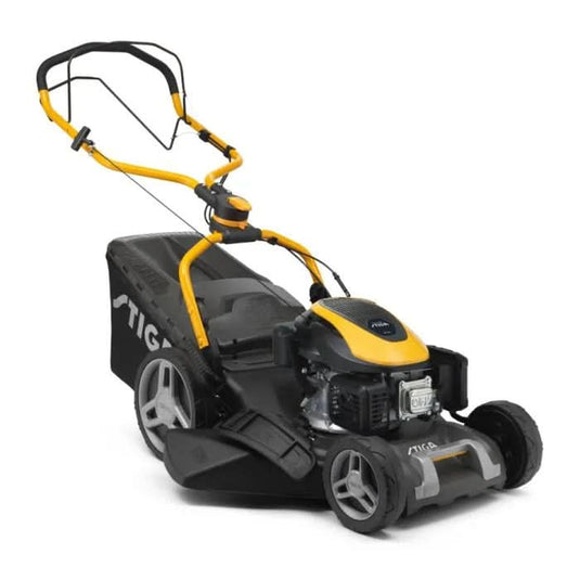 stiga self propelled lawnmower in black and yellow
