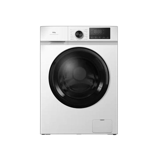 white washing machine with black door