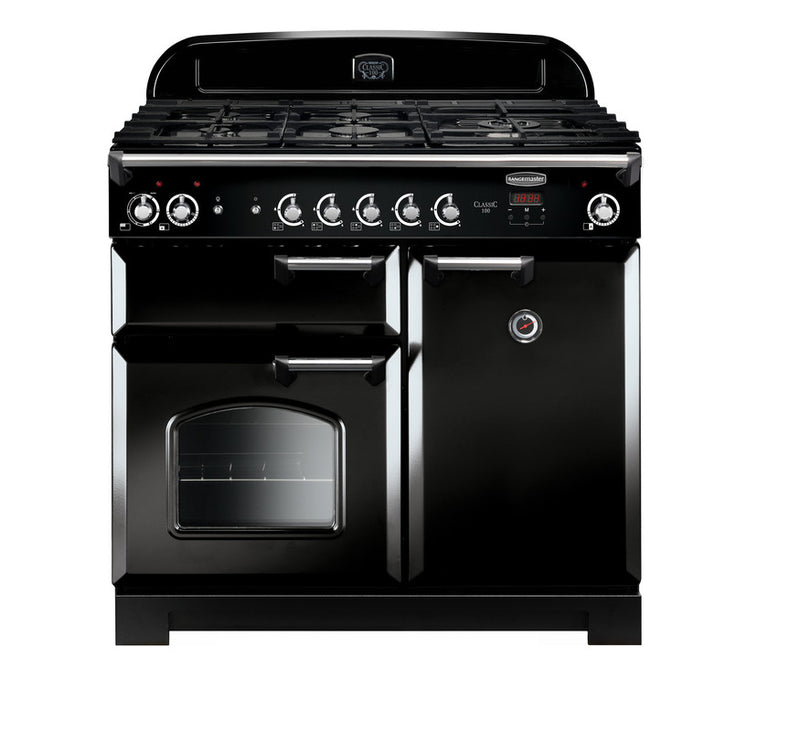 Load image into Gallery viewer, Rangemaster Classic 100 | Natural Gas | Black | Chrome Trim | CLA100NGFBL/C
