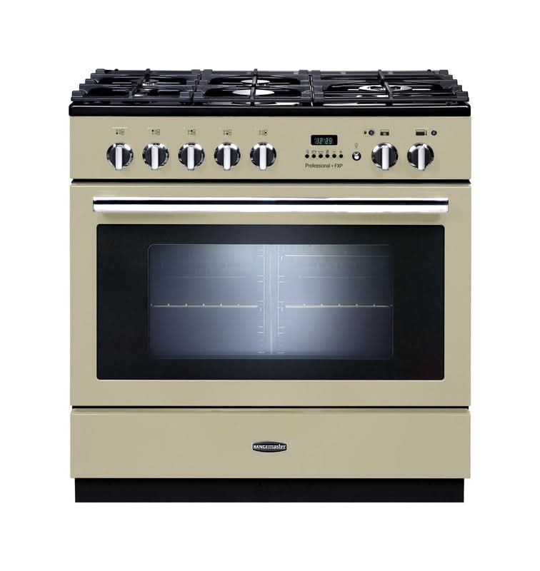 Załaduj obraz do przeglądarki galerii, cream and chrome trim dual fuel cooker with double oven and 5 burner gas hob
