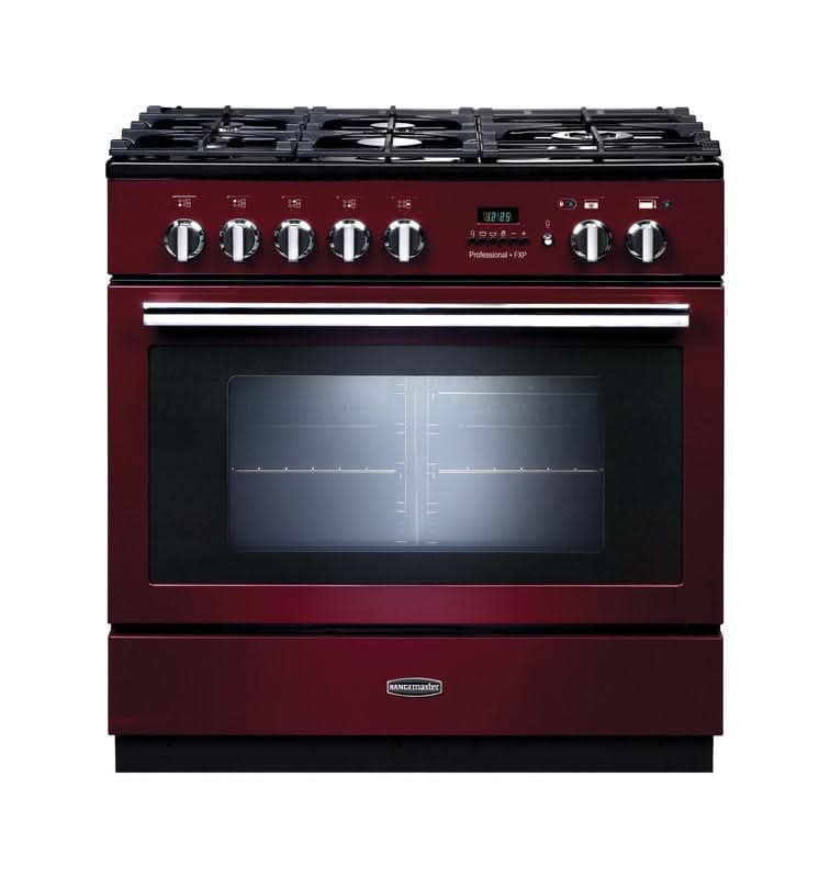 Załaduj obraz do przeglądarki galerii, cranberry and chrome trim dual fuel cooker with double oven and 5 burner gas hob
