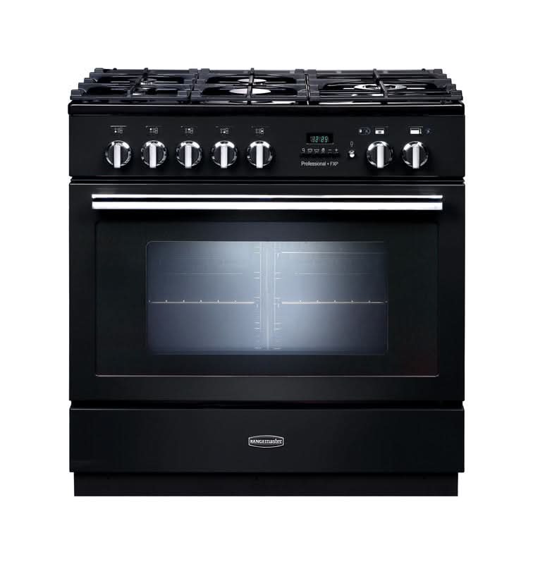 Załaduj obraz do przeglądarki galerii, black and chrome trim dual fuel cooker with double oven and 5 burner gas hob