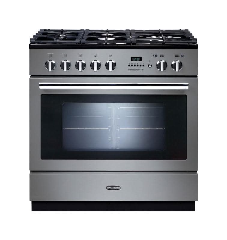 Załaduj obraz do przeglądarki galerii, stainless steel and chrome trim dual fuel cooker with double oven and 5 burner gas hob