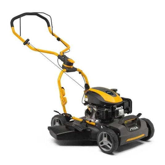 stiga mulching push lawnmower in black and yellow