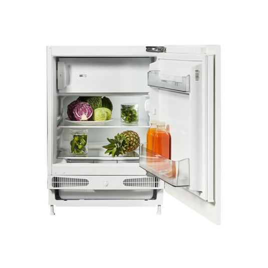 integrated white under counter fridge with an ice box