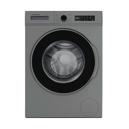 silver washing machine with black door