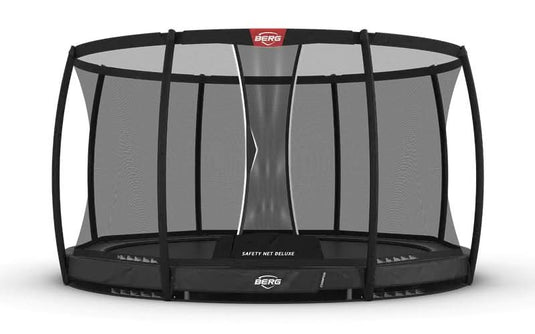 grey inground trampoline with safety net