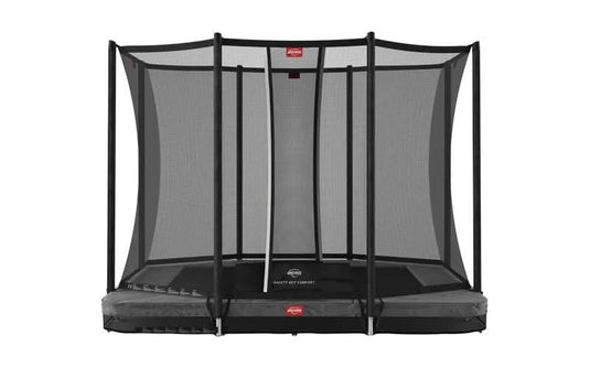 grey rectangular inground trampoline with safety net