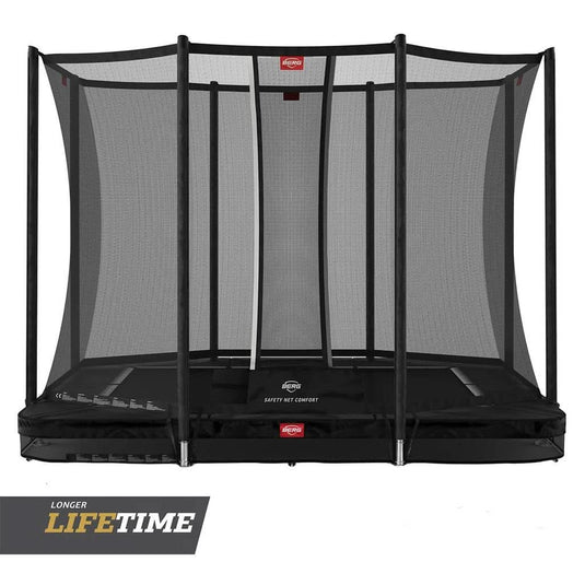 black rectangular inground trampoline with safety net
