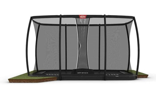 grey rectangular flatground trampoline with XL safety net