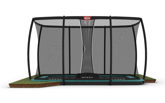 green rectangular flatground trampoline with XL safety net