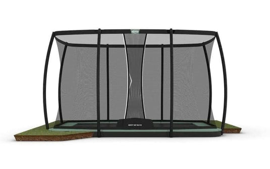green rectangular flatground trampoline with XL safety net