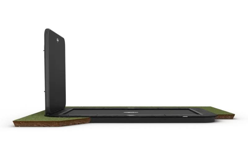 Load image into Gallery viewer, black rectangular flatground trampoline with black and grey aerowall
