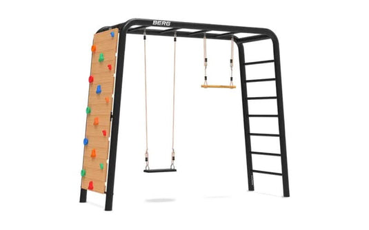 medium playbase in the colour black with rubber swing, wooden trapeze and rock climbing wall included