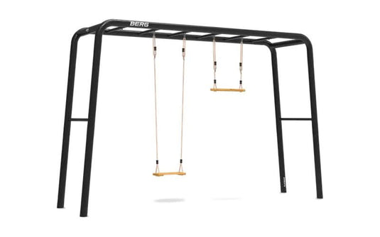 playbase in the colour black with wooden swing and wooden trapeze included