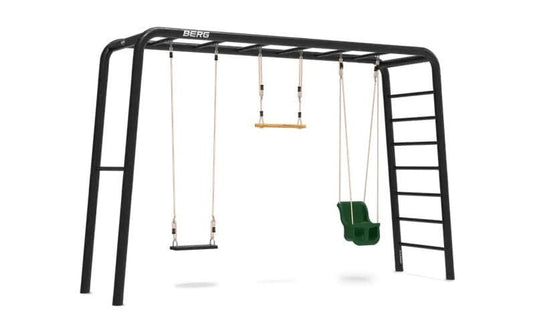 large playbase in the colour black with baby seat swing, rubber seat swing and wooden trapeze included