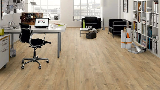 quebec vintage oak plank laminate flooring displayed in a home office