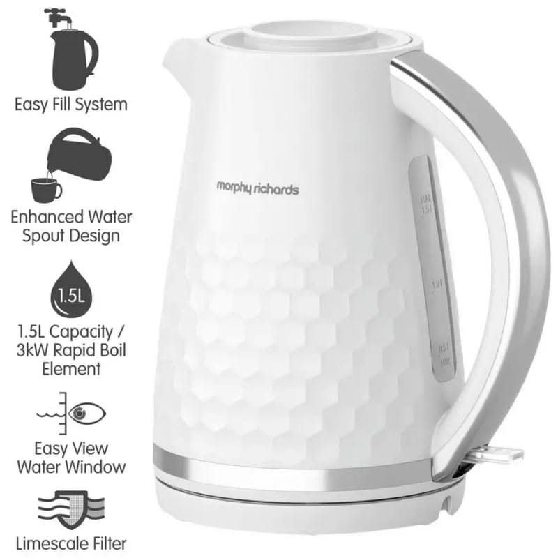 Завантажте зображення в засіб перегляду галереї, white morphy richards hive kettle with main information