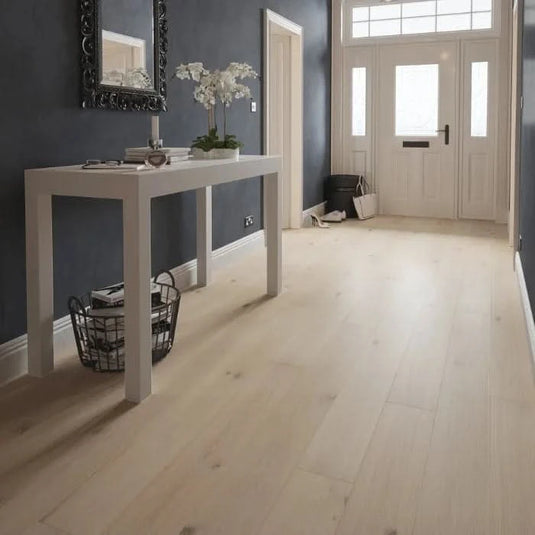 mountain chalk oak flooring on display in a hallway