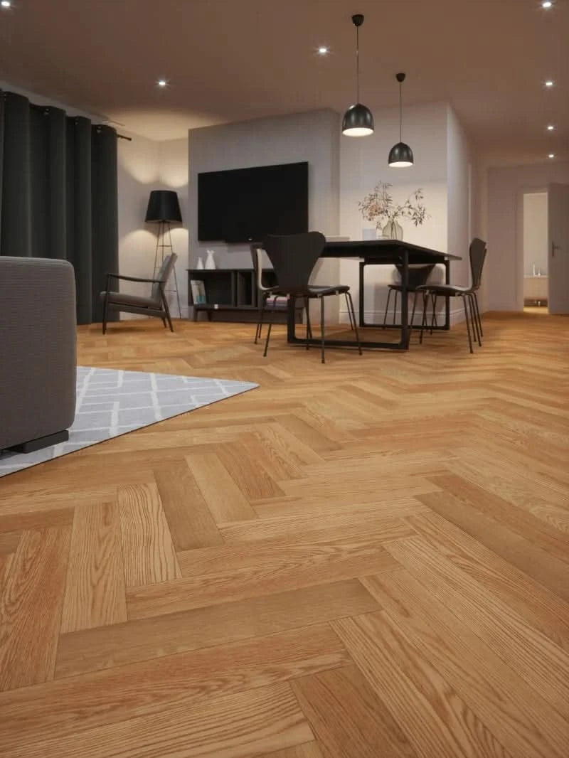 Завантажте зображення в засіб перегляду галереї, mountain wood block rustic oak herringbone flooring displayed in a living area