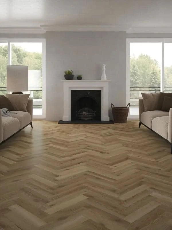 Завантажте зображення в засіб перегляду галереї, mountain ridge wood block rustic oak flooring displayed in a living area