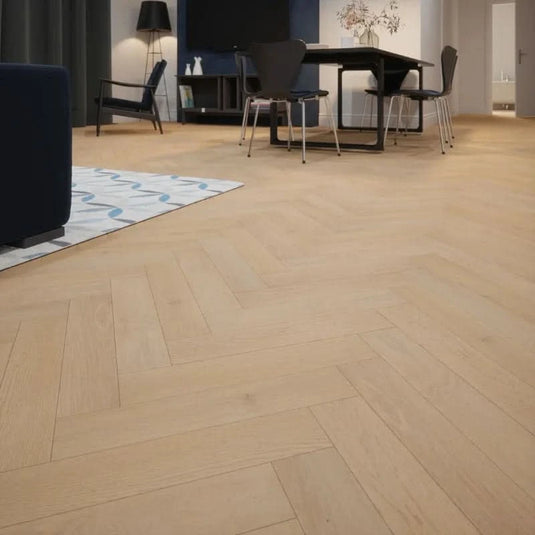 mountain mist wood block rustic oak herringbone flooring displayed in a living area