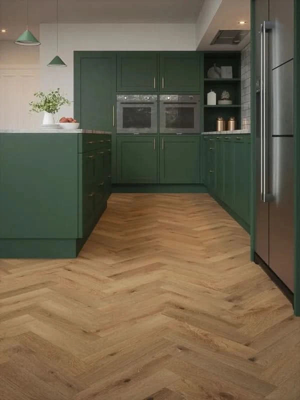 Załaduj obraz do przeglądarki galerii, mountain trail wood block rustic oak herringbone flooring displayed in a kitchen