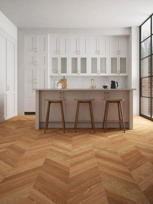 mountain rustic oak chevron flooring displayed in a kitchen