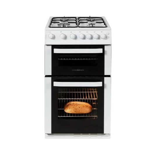 white freestanding gas cooker with a double oven