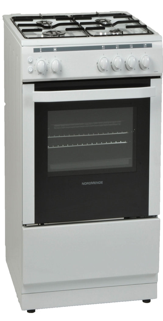 white gas cooker with black and white door and single oven