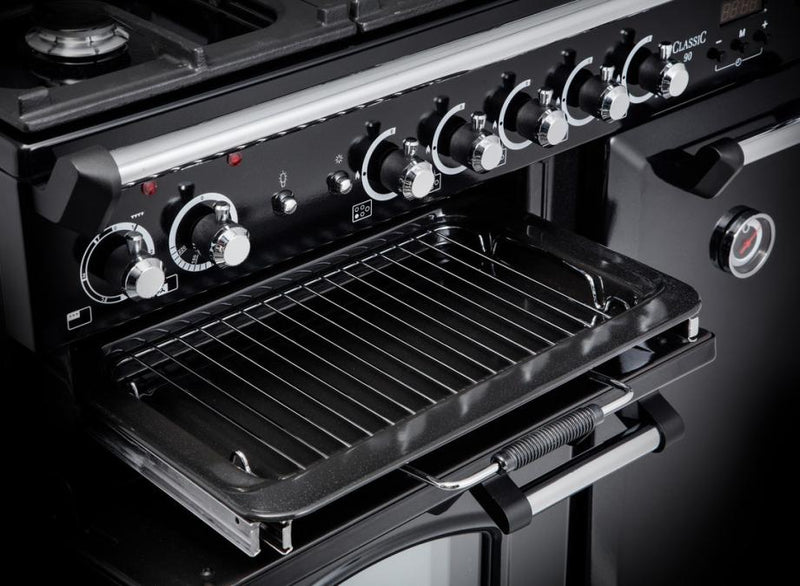Załaduj obraz do przeglądarki galerii, Rangemaster Classic 90cm | Dual Fuel | Gloss Black & Chrome | 14150 | CL90DFPGBL/CM1