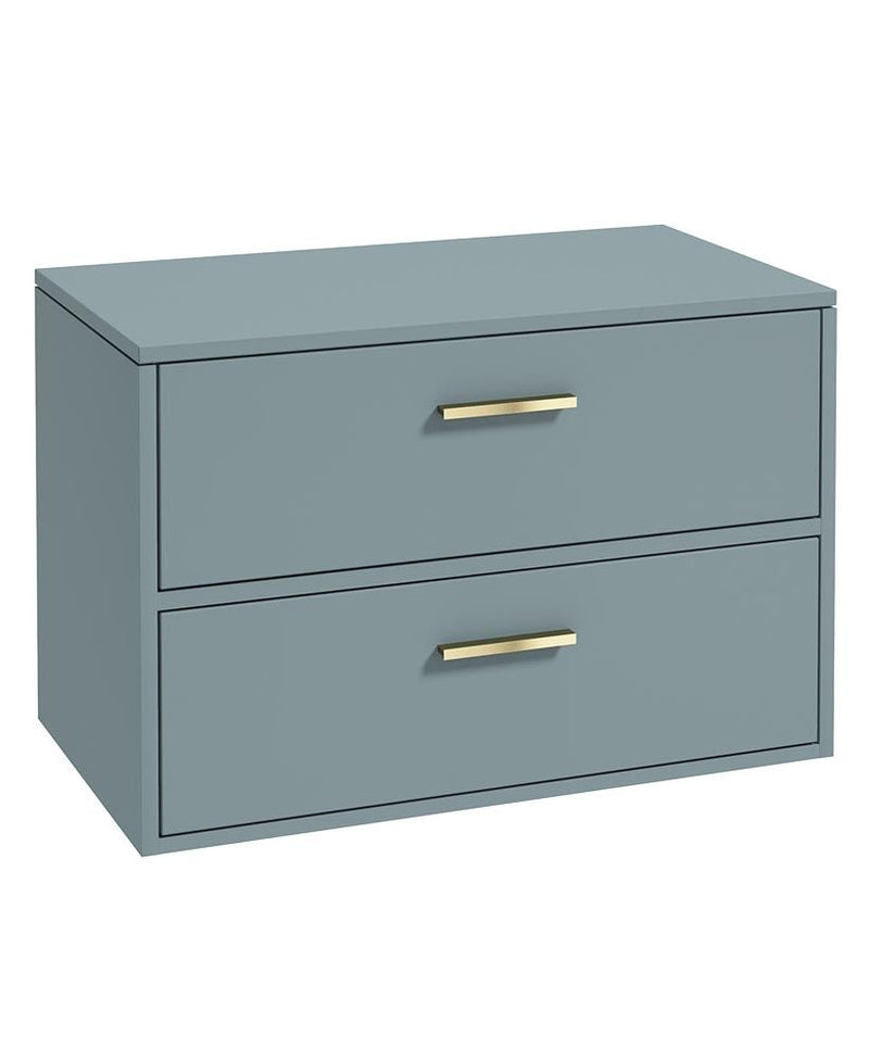 Załaduj obraz do przeglądarki galerii, Sonas Finland Wall Hung 80Cm Two Drawer Countertop Vanity Unit | Matt Coral Green | Brushed Gold Handle | UF0937
