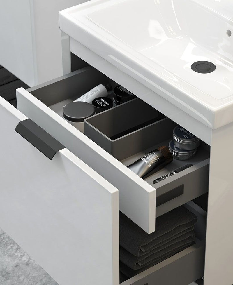 Завантажте зображення в засіб перегляду галереї, Sonas Fjord Wall Hung 80Cm Two Drawer Vanity Unit | Matt Midnight Grey | Brushed Nickel Handle | UF1697