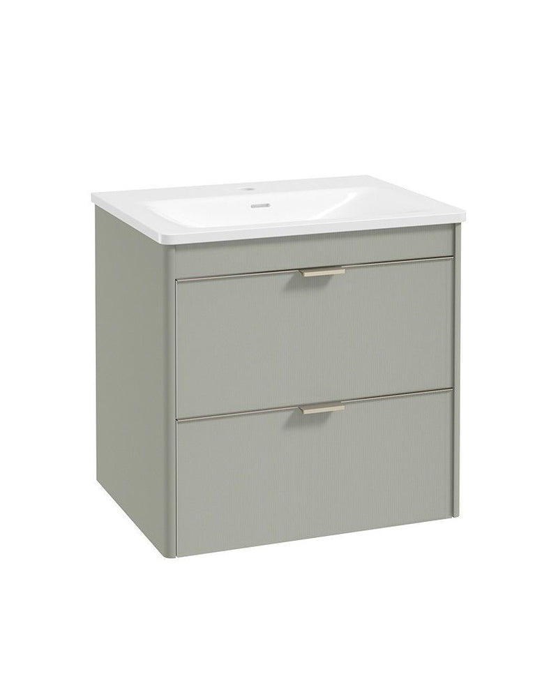 Załaduj obraz do przeglądarki galerii, Sonas Lumiere Wall Hung 60cm Two Drawers Vanity Unit | Shadow Basin | Lakeside Sage | Brushed Nickel Handles | UF2479