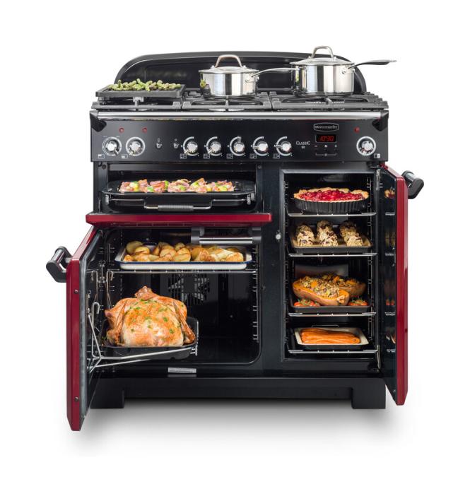 Załaduj obraz do przeglądarki galerii, Rangemaster Classic 90cm | Dual Fuel | Gloss Black & Chrome | 14150 | CL90DFPGBL/CM1