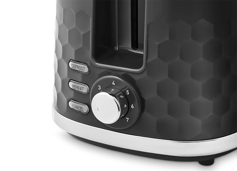Load image into Gallery viewer, black/chrome 2 slice mr hive toaster control panel with dial and buttons