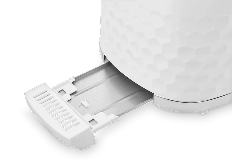 Load image into Gallery viewer, removable crumb tray on the white/chrome mr hive 2 slice toaster