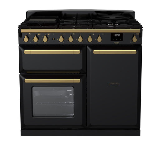 Rangemaster Estel Deluxe 100 | Dual Fuel | Gloss Black | Antique Brass Trim | ESDL100DFPGBL/AB1