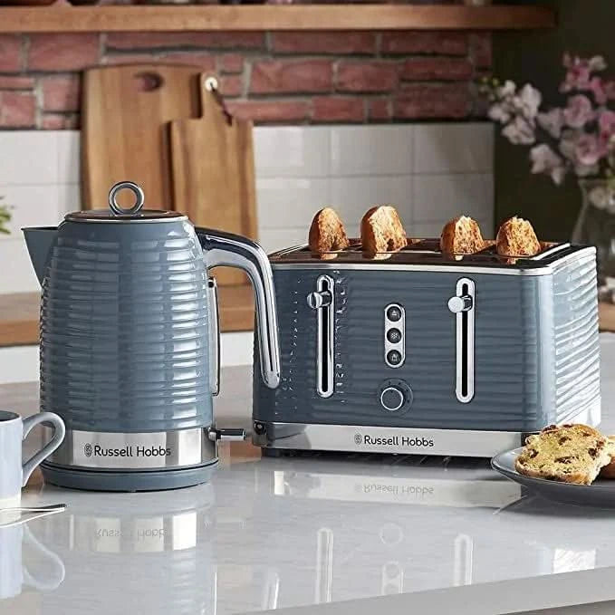 Завантажте зображення в засіб перегляду галереї, grey russell hobbs inspire 4 slice toaster next to grey inspire kettle